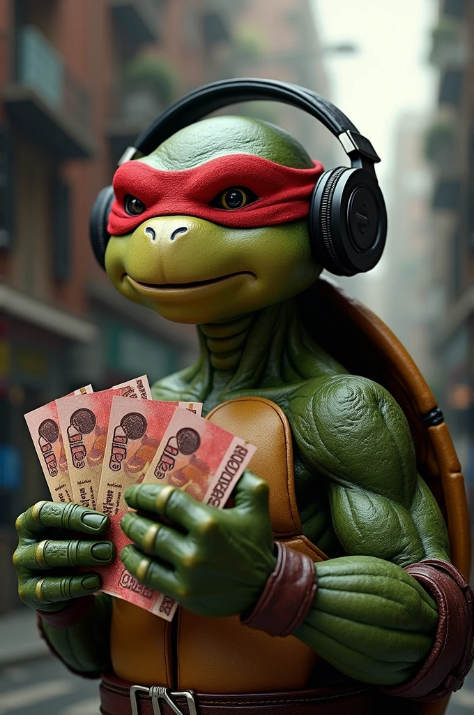 Ninja turtle Rafael with headphones, a thousand reais in his hand and an accordion