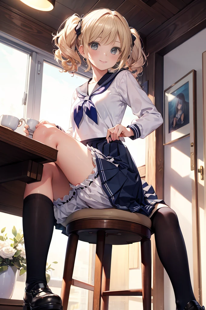(masterpiece), 4K,beautiful girl,More than one person,Sailor suit,,Small breasts,Small Ass,Curly Twin Tails,Light bulb lighting,Realistic, skinny, Big smile,((,Wear bloomers under your skirt)),Sitting,((Pleated skirt)),Angle from below,Tea time with friends