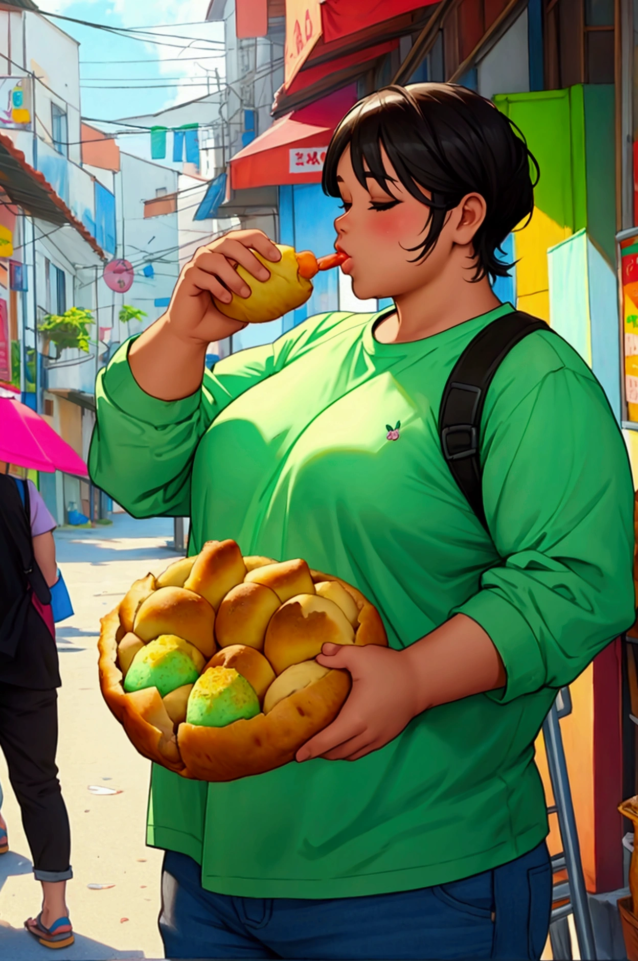 create an image of a chubby person eating coxinha and pastel