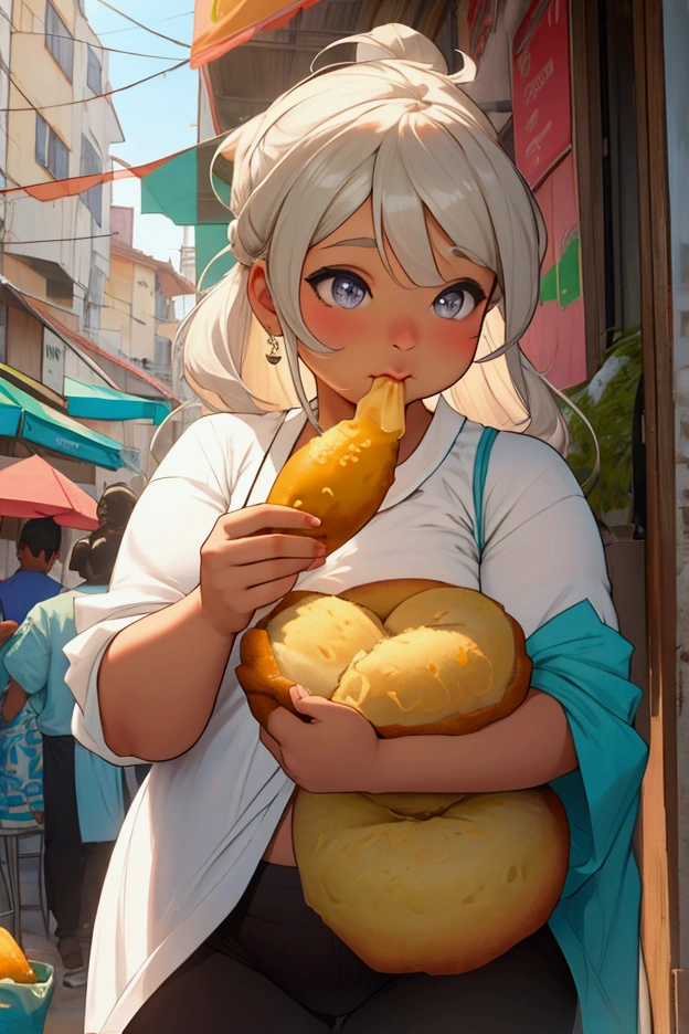 create an image of a chubby person eating coxinha and pastel
