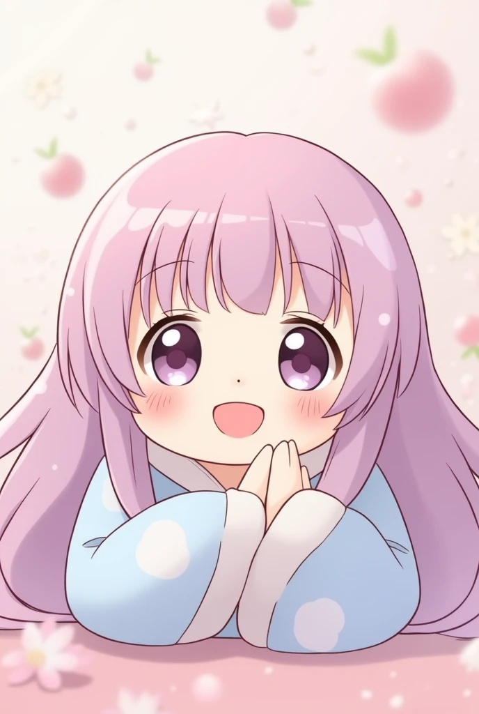 An anime kokeshi face, with big bright eyes, an adorable smile, and slightly rosy cheeks. Long pink and lilac hair, with straight bangs that fall just above the eyebrows. The expression of the kokeshi is joyful, transmitting a feeling of warmth and tenderness. The colors of the design are soft and pastel, with details in pink and blue tones for an even more adorable look. The background is simple and clear to highlight the central character..