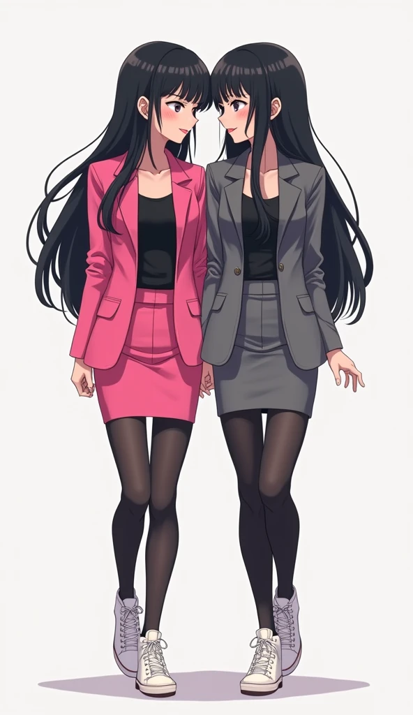 Two young womens long black hair, yuri, same height.

The first young women wear a hot pink suit jacket, The second young women wore a grey suit jacket, they are wearing the black shirt, black pencil skirt, black underpants, long black tights, medium black socks, white sneakers high top, walking, cute eyes, smiled, light grey background, cartoon novel, 4K, HD