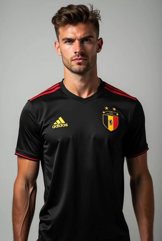 Make a black shirt with red and yellow Belgium football team With the adidas logo Model with great attention And detail Model for Euro 2024 championship