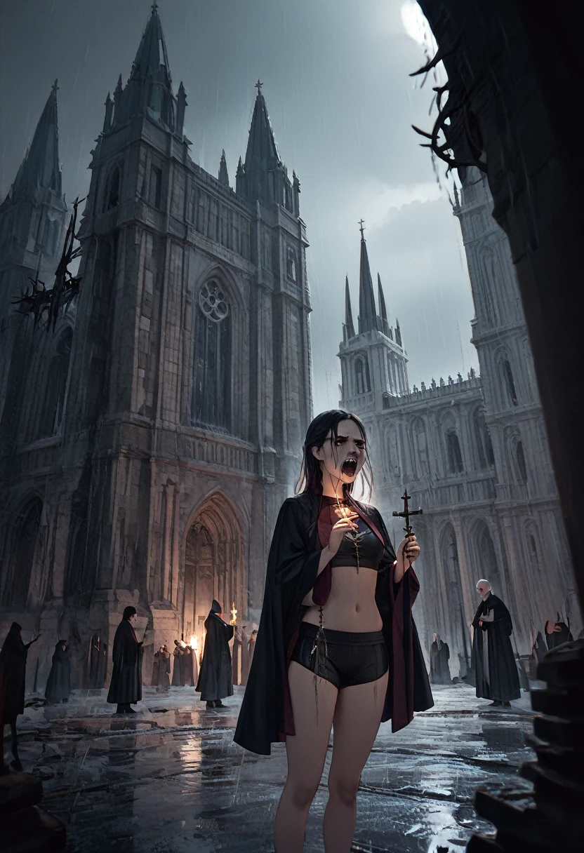 (Woman: 2), standing outside massive gothic cathedral, raining, dark stormy night, wearing ornate male catholic priest robes, robes open revealing booty shorts and crop top, holding rosary, rosary burning her hand, smoke coming off hand, mouth open in a painful scream, vampire fangs, look of pain and regret on face, seeking redemption, cross burns skin,