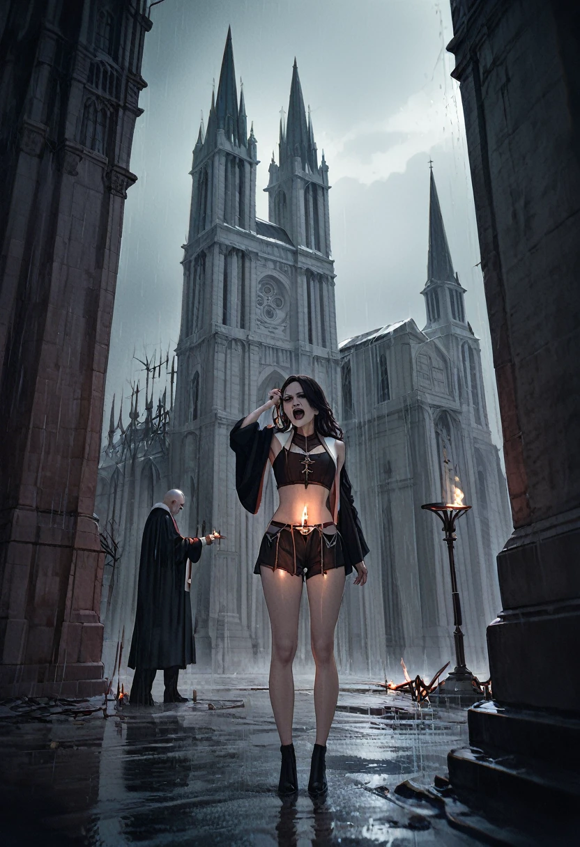 (Woman: 2), standing outside massive gothic cathedral, raining, dark stormy night, wearing ornate male catholic priest robes, robes open revealing booty shorts and crop top, holding rosary, rosary burning her hand, smoke coming off hand, mouth open in a painful scream, vampire fangs, look of pain and regret on face, seeking redemption, cross burns skin,