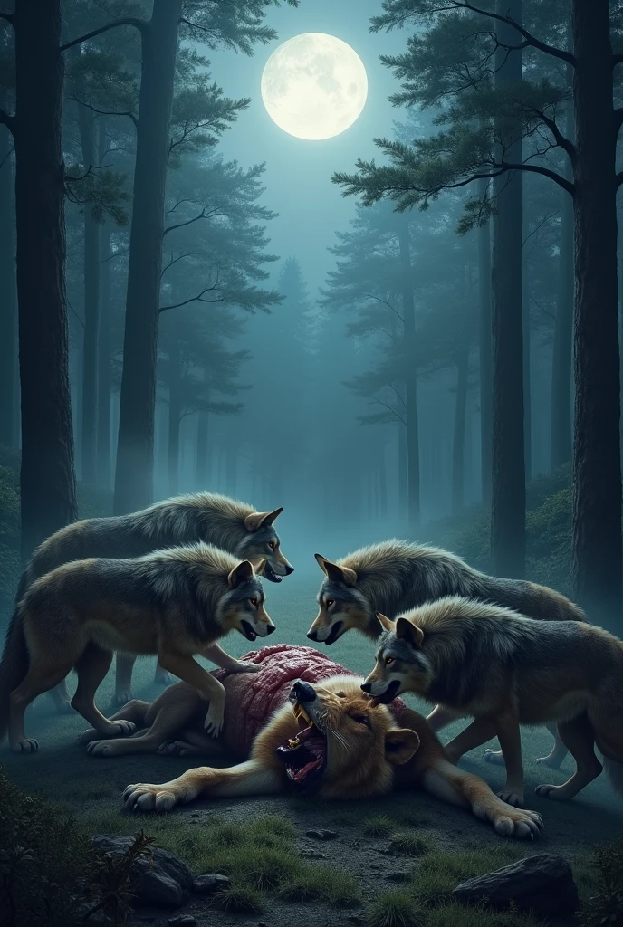 Angry wolves devouring a dead lion without showing blood in the forest with a full moon