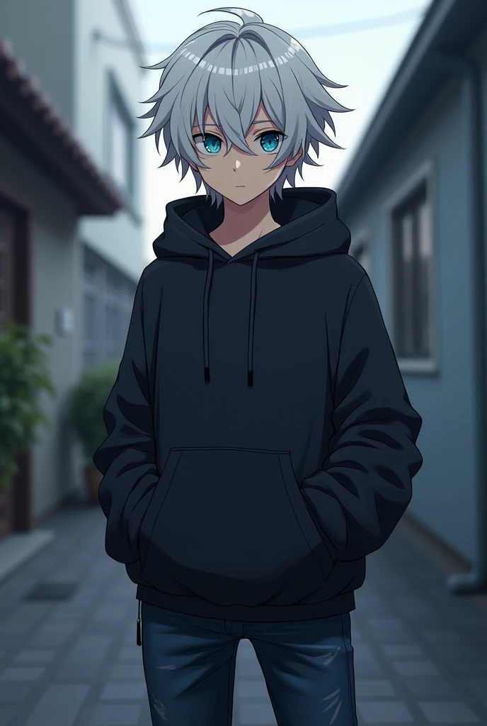 A age boy with striking white hair that falls just above his eyes, giving him a distinctive and slightly mysterious look. His deep blue eyes convey a sense of quiet resilience, and his expression is calm yet guarded. He has a lean build, typical of someone who is physically active, and his skin is fair. Hiroshi is wearing a casual outfit consisting of a dark hoodie and jeans, standing in a relaxed but somewhat reserved posture. He is set against a simple, urban background, like a quiet street or an alley, which suggests his everyday life in the city."