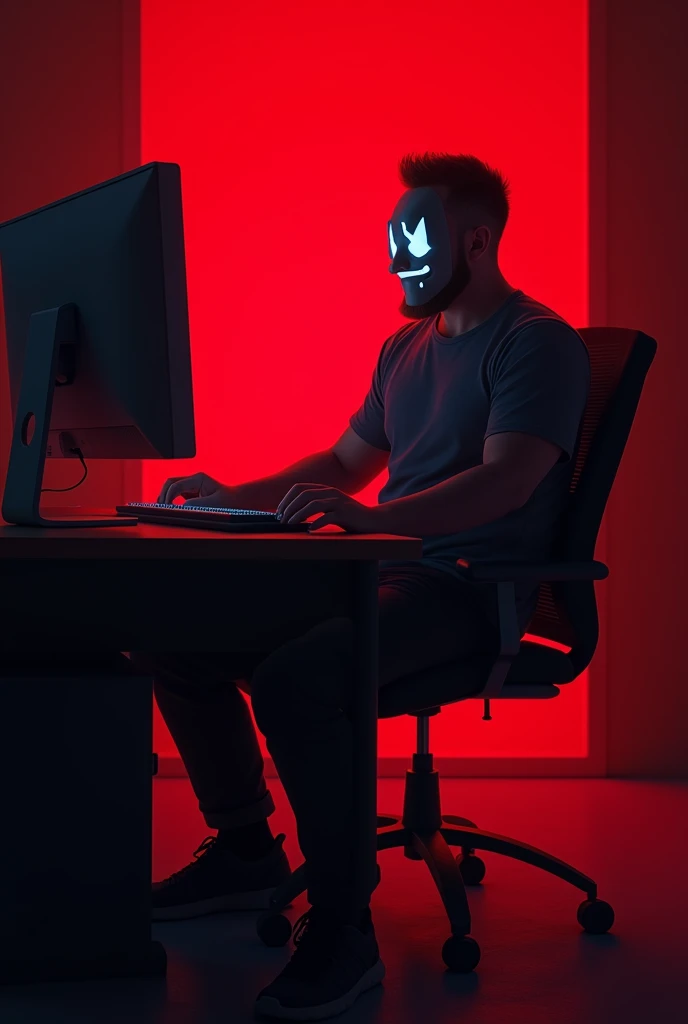 The animation man sit in the chair whit mask work in pc and he sit front
And red danger lighting vfxbackground and look in front and the man face hides danger
And he face hide whit costume