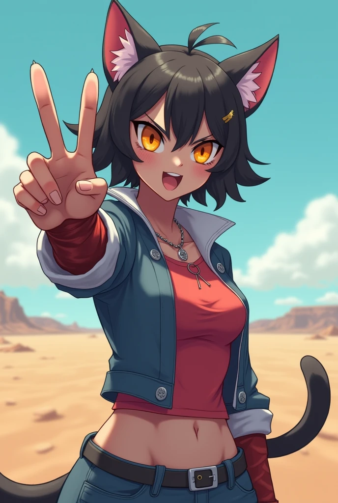 **immediate:** A cat girl with a tough character, "bad girl" (score_9, score_8_above, score_7_above),Alone,1 girl,by the wide,A hand, V sign,((facial focus)),oblique