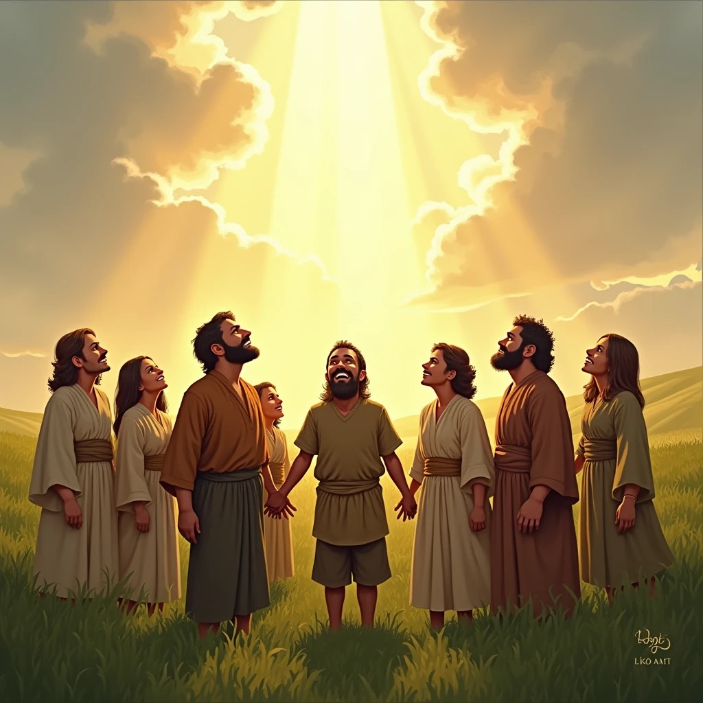 Illustrate a small farming community gathered together, their eyes turned upwards towards the sky. The clouds part, revealing a ray of sunlight that shines down on their fields. The people smile with relief, symbolizing their collective patience and faith in God’s provision.