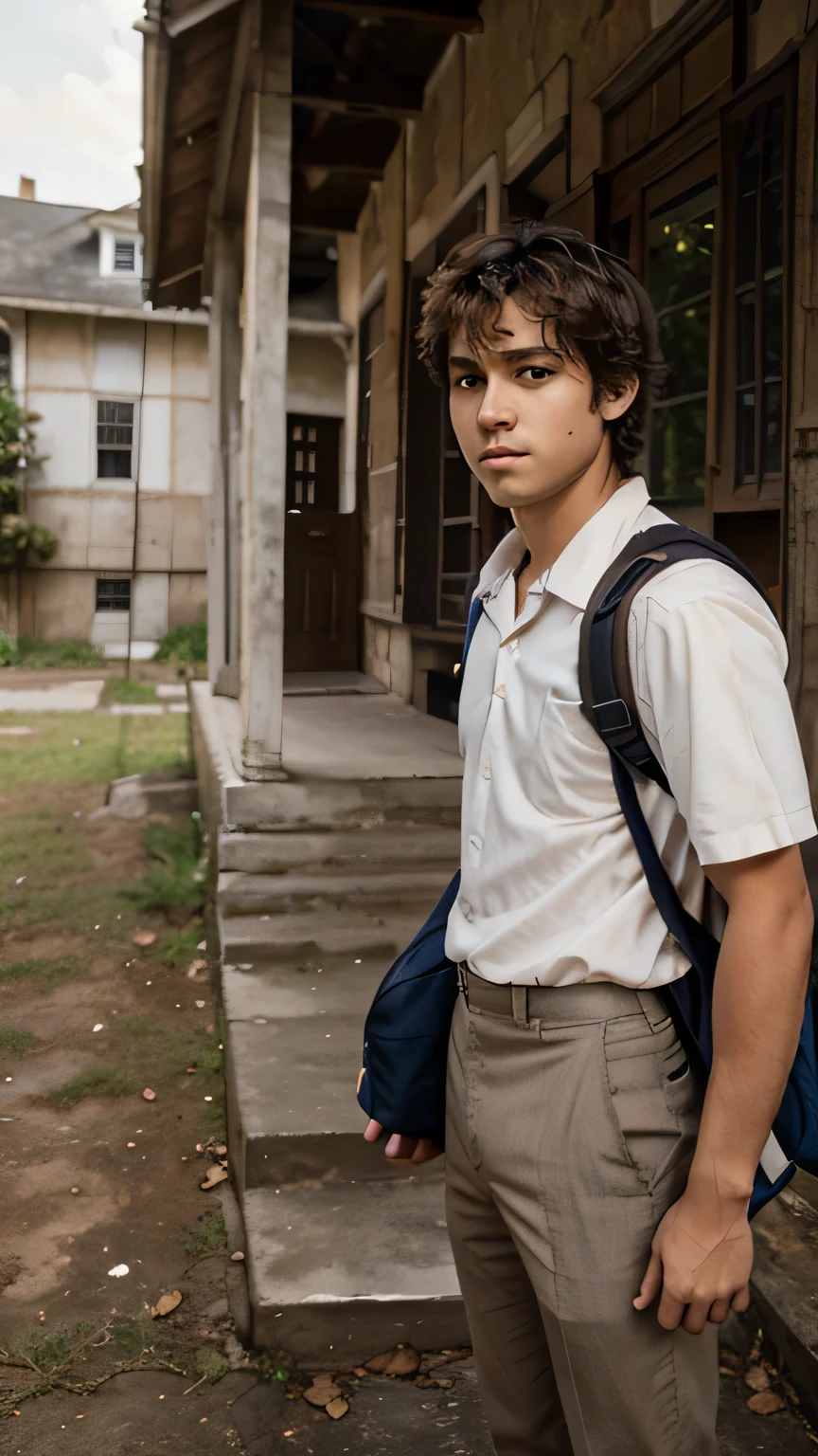 Adult boy in school uniform, backpack, very short, disheveled hair, light brown skin, in front of an old house.