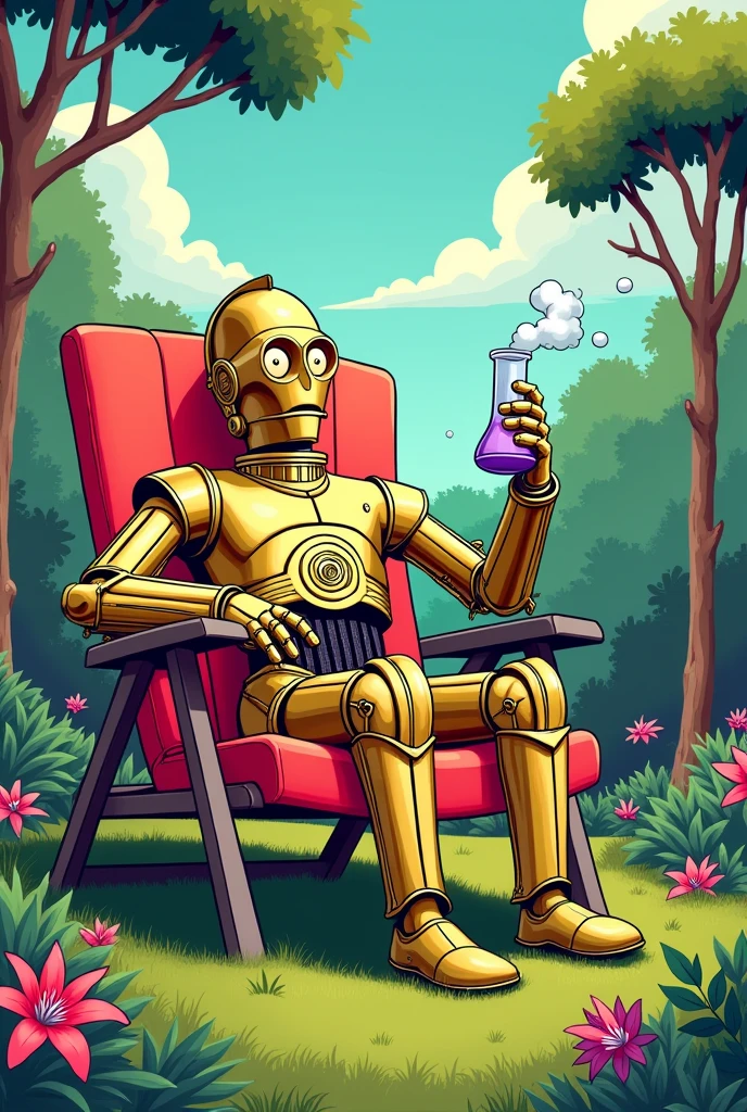 C-3PO smoking a bong in a colorful lawn chair in a cartoon style