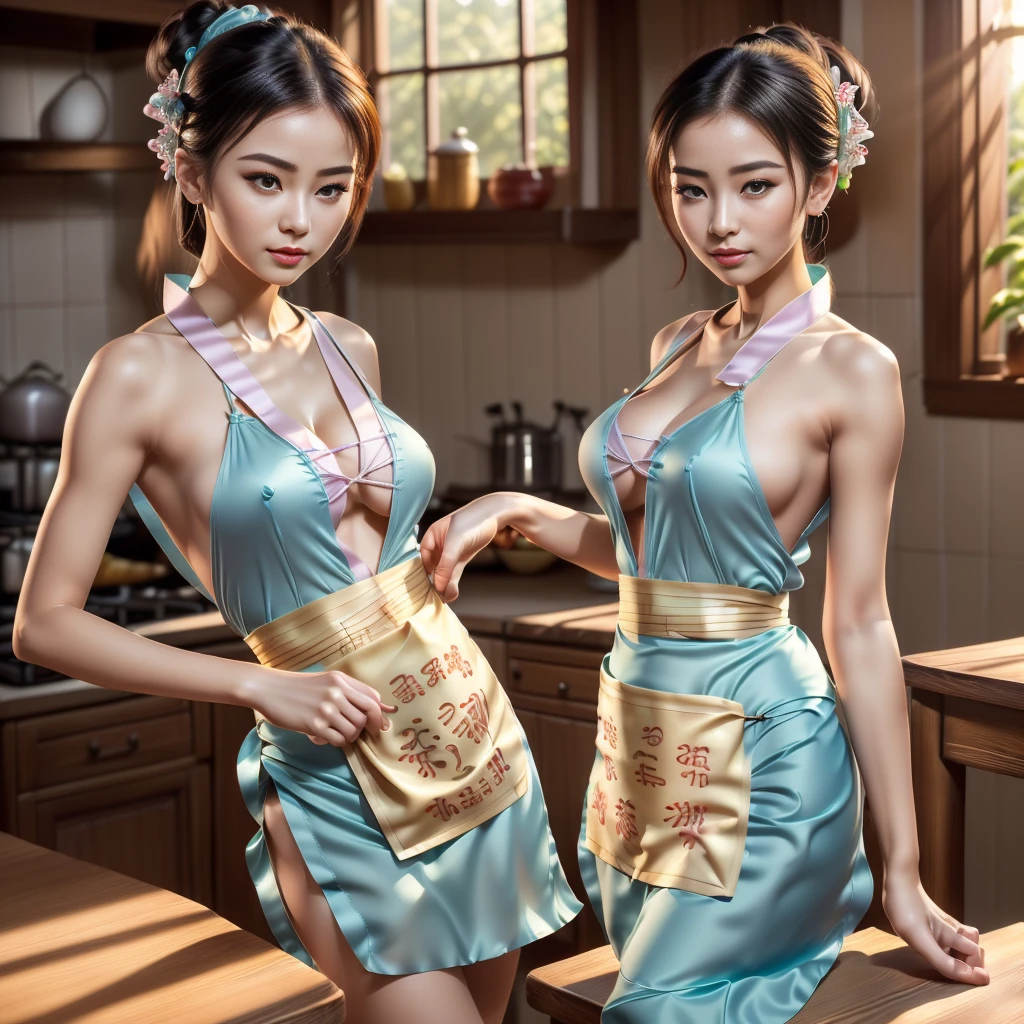 (Extremely detailed CG),(((8K))),wallpaper,((Extremely exquisite and beautiful)),(((masterpiece))),(((Best quality))),(((Ultra-high resolution))),Beautiful light,Realistic shadows,(Smooth and flawless fair skin:1.5),(Extremely delicate facial details:1.2),(Extremely detailed:1.5),((A beautiful girl,Solitary)),(Short Ponytail:1.2),(Small head:1.2),(Slender face:1.2),(Exquisite makeup:1.3),(Happy:1.2),(lol:1.2),(Perfect body:1.1),(Zongzi apron:1.5),(Large Breasts:1.2),(Big breasts:1.2),((plump,Thin)),(From the front:1.3),(permanent:1.3),(Put your hands behind your back:1.3),(In the kitchen:1.3),(The table was filled with sumptuous dishes:1.3),(indoor:1.2),(Detailed background:.5),(summer:1.3),(Day scene:1.5),(Sunlight:1.3),(Upper Body:1.3),
