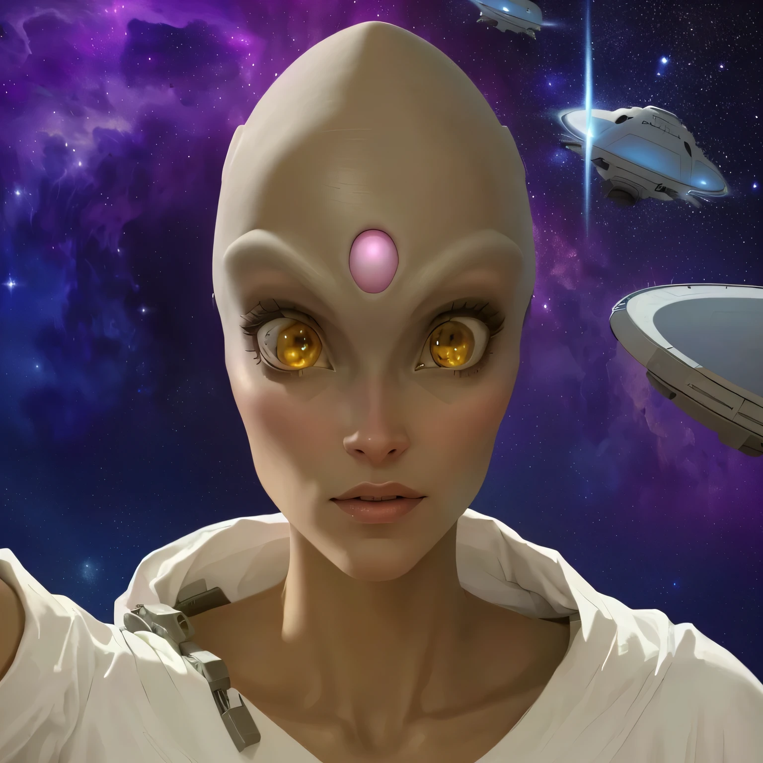 There is a cartoon of a woman with a pink nose and a spaceship in the background, portrait of a gray alien, portrait of a humanoid alien, Portrait of an alien, extraterrestrial woman, gray alien, angry extraterrestrial woman, aliens reach for him, Ancient Alien Portal, extraterrestrial, extraterrestrial woman, aliens