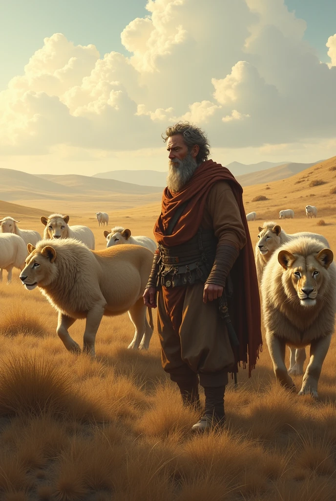 Shepherds with their flock and hungry lions