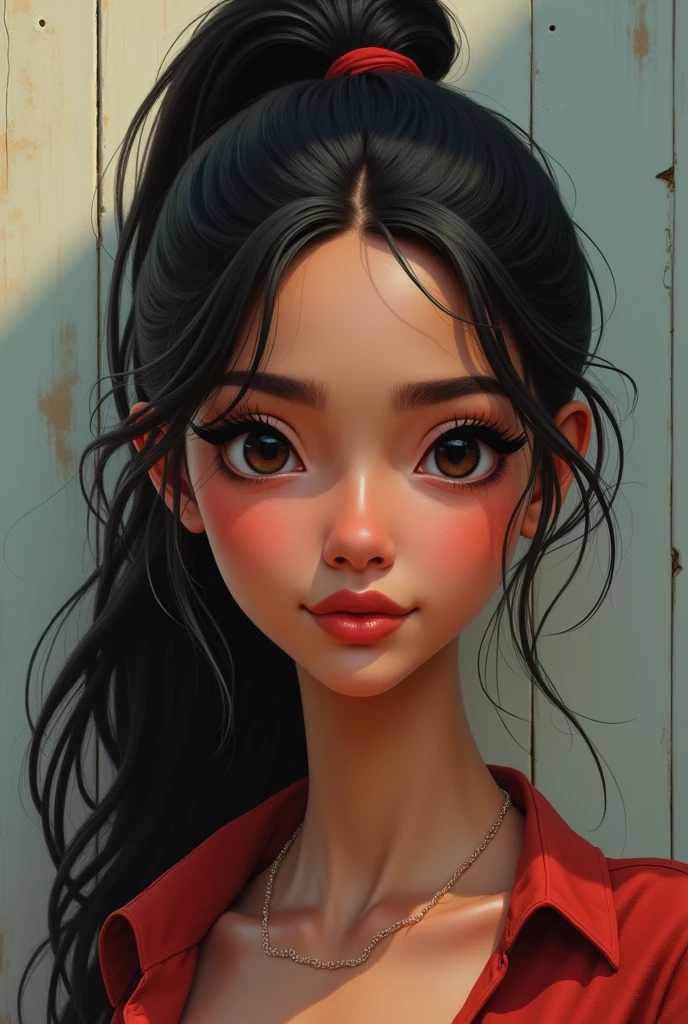 a Venezuelan from the city, Brunette with black hair with tied up hair and black slanted eyes and black marked eyebrows and a chubby face