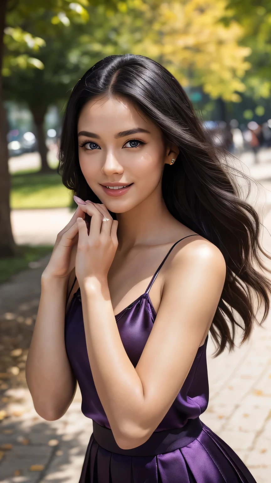 Realistic full body photo of a smiling, beautiful black woman with long hair, dark black skin, She dances in front of the camera in a purple satin spaghetti strap blouse and tight, elegant white pleated skirt ...., fine fabrics, Park,glamour fotoshooting, Park, perfect ???????, perfect blue eyes. Perfect hands with 5 fingers on each hand, Suitable woman, looking at the camera, 1 Frau. (Eye make up:1.1), (highly detailed skin:1.1), spirit, analog style, keen focus, 8K UHD, dslr, good quality, Fujifilm XT3, Grain, Award-winning, masterpiece. Park