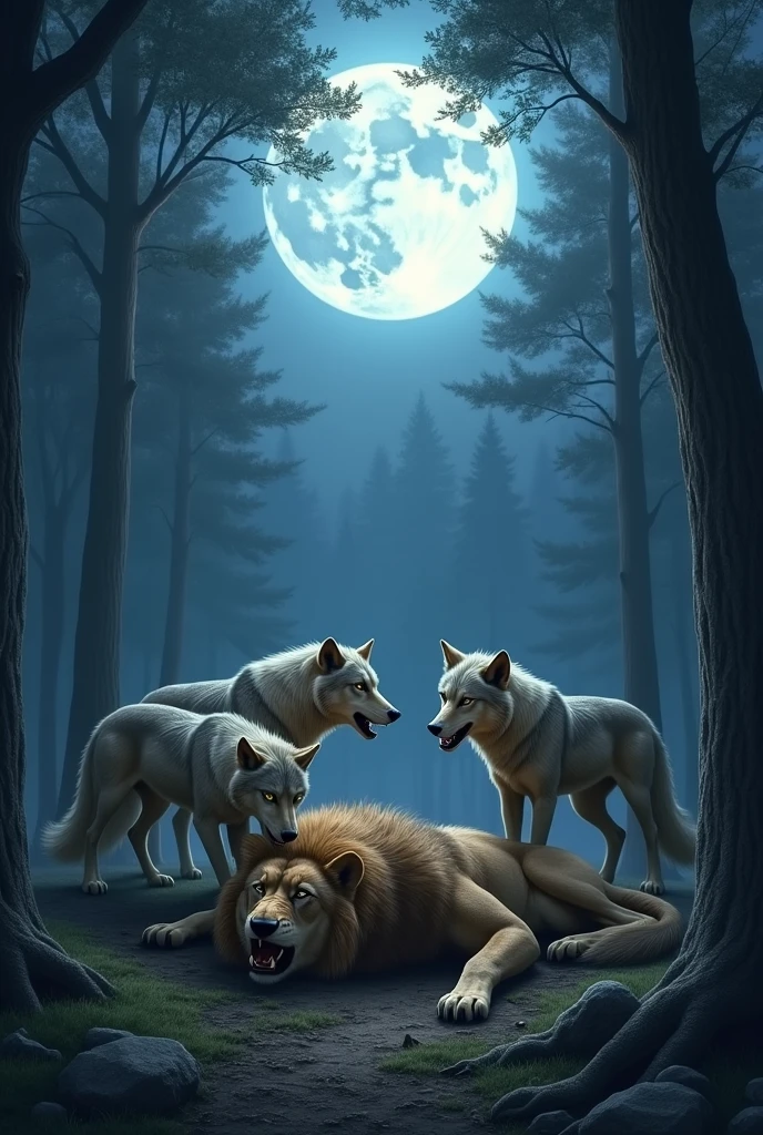 Wolves devouring a dead lion without showing blood in the forest with a full moon 