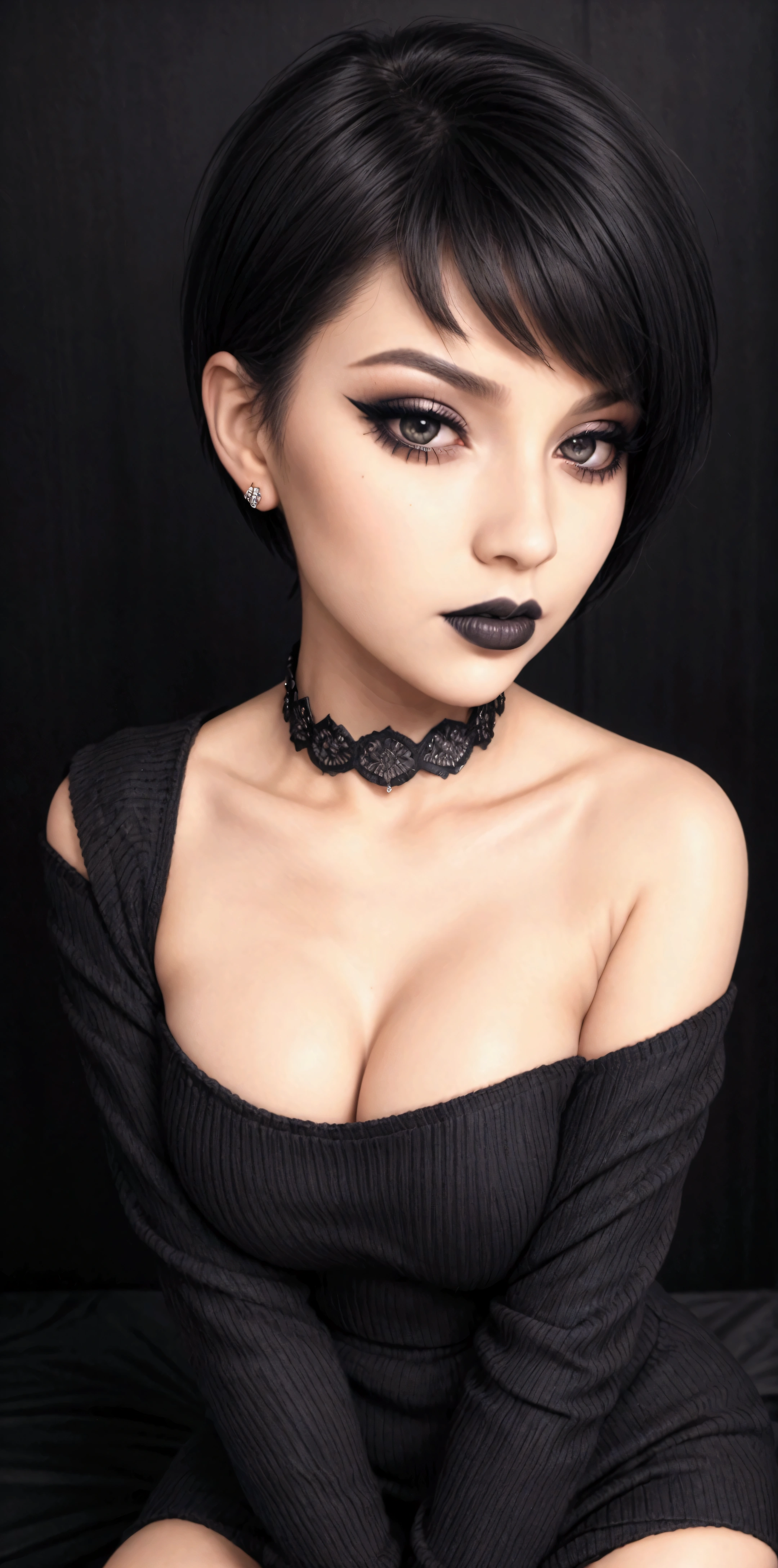 girl, woman, emo_hairstyle, black lipstick, collar, Eyeliner, eyeshadow, smoky eyes, realistic lighting, short hair, split, sweater dress, from the shoulder, hips, Strapless, Shiny skin, all fours, arched back, big breasts.