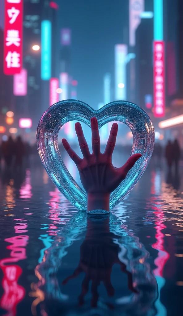 Rain landscape、City、3D glass open heart、Neon color、ガラスのハートの中にはPinky finger slashを繋する手がある、Fantasy、romantic、high resolution、Wide angle、distinct、Real、vivid、beautiful、masterpiece、Light and shadow details、The water is clear and shiny、The water faithfully reflects the scenery、Zoom out 2x、Pinky finger slash、