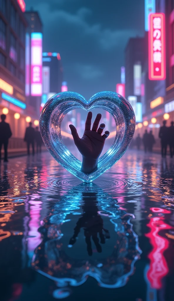 Rain landscape、City、3D glass open heart、Neon color、ガラスのハートの中にはPinky finger slashを繋する手がある、Fantasy、romantic、high resolution、Wide angle、distinct、Real、vivid、beautiful、masterpiece、Light and shadow details、The water is clear and shiny、The water faithfully reflects the scenery、Zoom out 2x、Pinky finger slash、