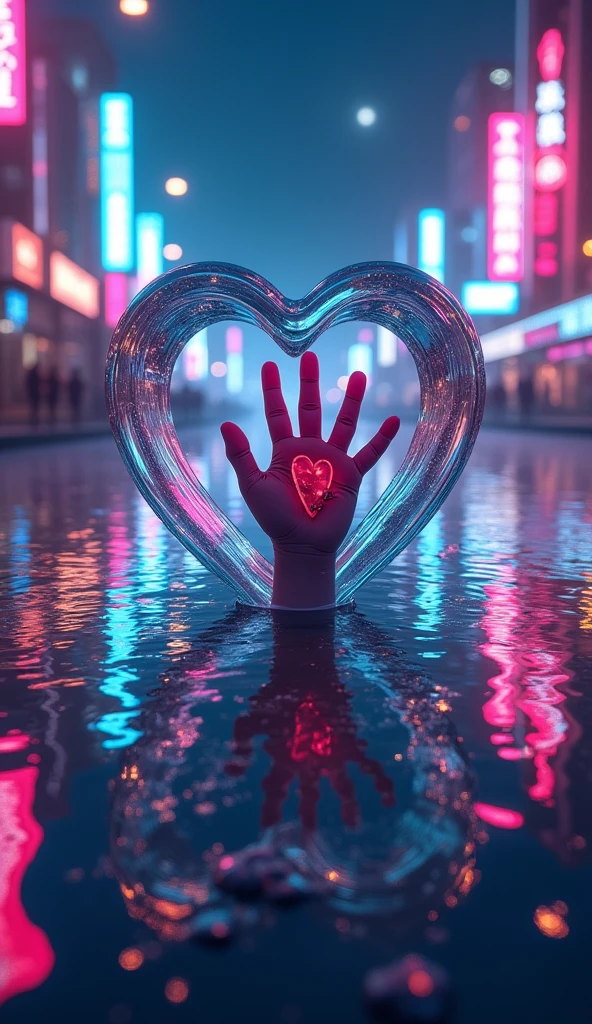 Rain landscape、City、3D glass open heart、Neon color、ガラスのハートの中にはPinky finger slashを繋する手がある、Fantasy、romantic、high resolution、Wide angle、distinct、Real、vivid、beautiful、masterpiece、Light and shadow details、The water is clear and shiny、The water faithfully reflects the scenery、Zoom out 2x、Pinky finger slash、
