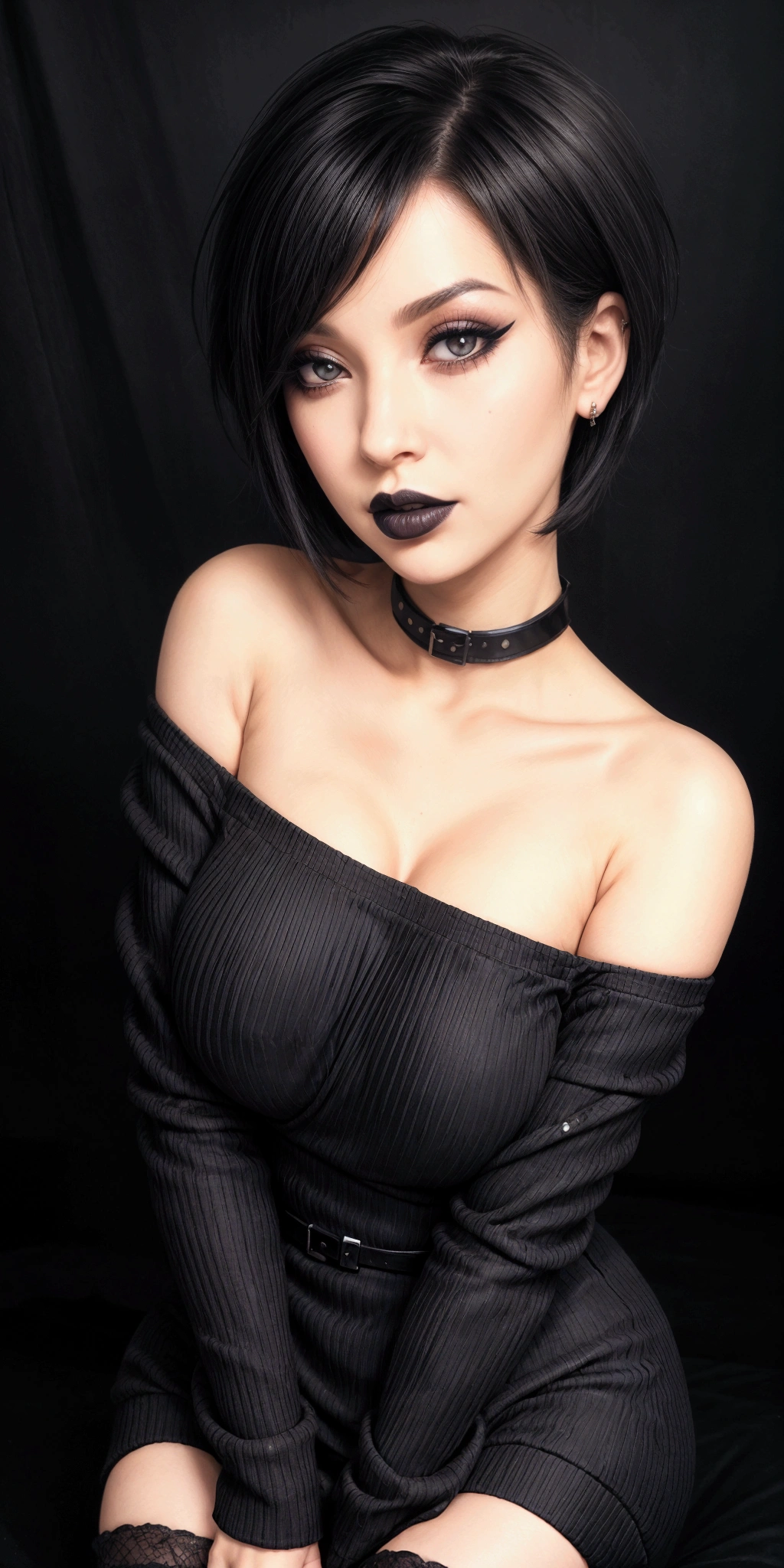 girl, woman, emo_hairstyle, black lipstick, collar, Eyeliner, eyeshadow, smoky eyes, realistic lighting, short hair, split, sweater dress, from the shoulder, hips, Strapless, Shiny skin, all fours, arched back, big breasts.