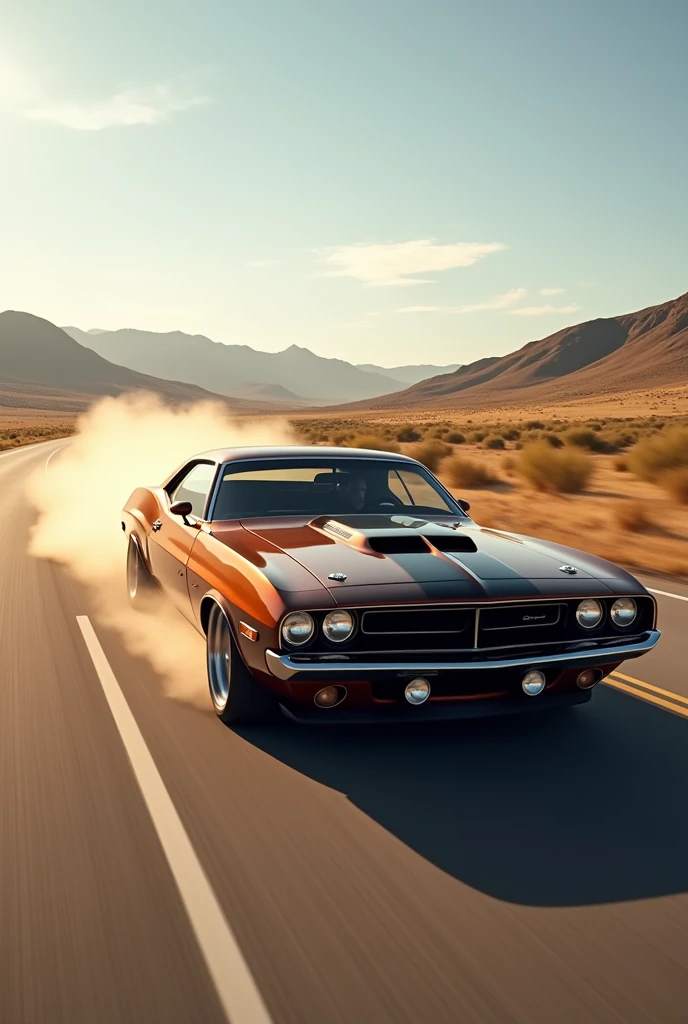 Pumped up car of brown color, rushes along the highway, high speed