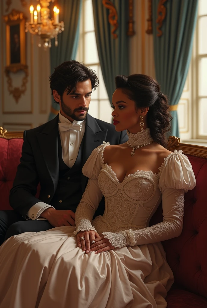 Rihanna as Duchess of "Bridgerton" sitting next to Benedict Bridgerton