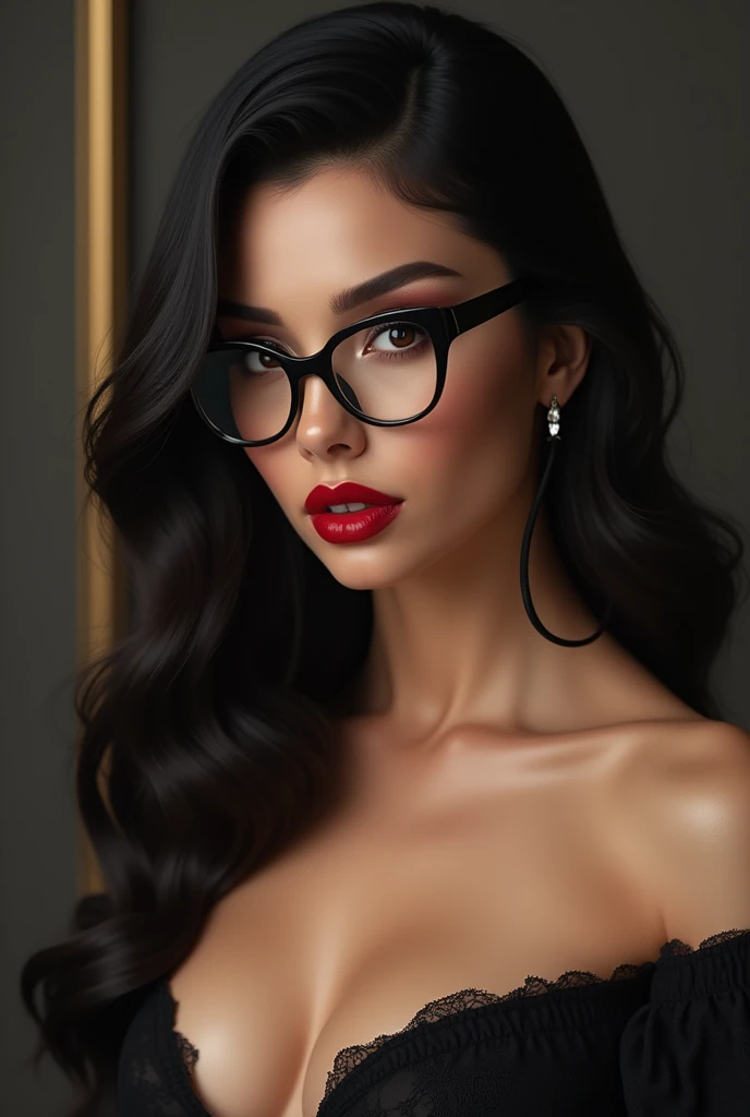 Beautiful woman with red lips black hair and glasses and cleavage