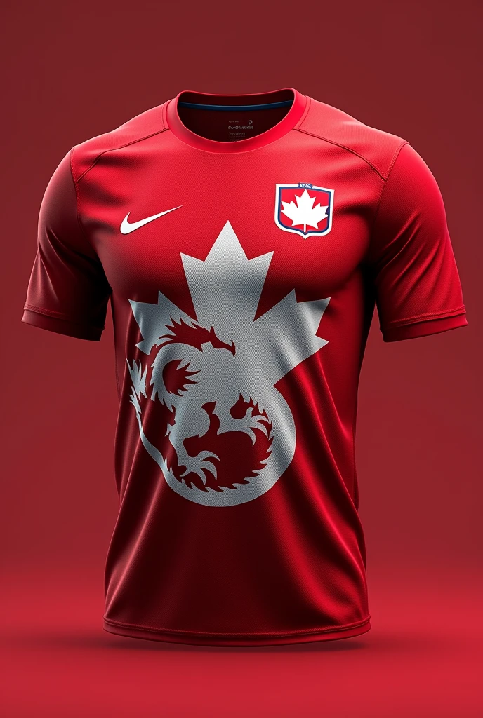 Red Canada team jersey with a white dragon with the Canada symbol and the Nike symbol 
