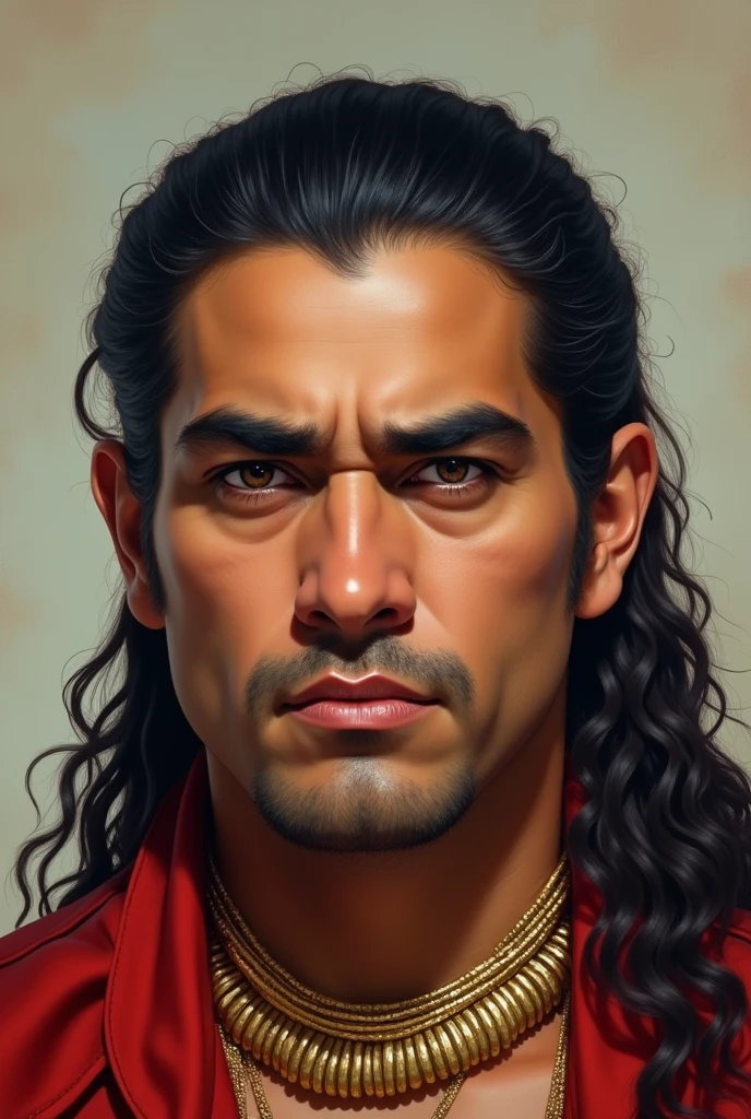 a Venezuelan from the city, king, with black hair with tied hair and black slanted eyes and black marked eyebrows and a chubby face 