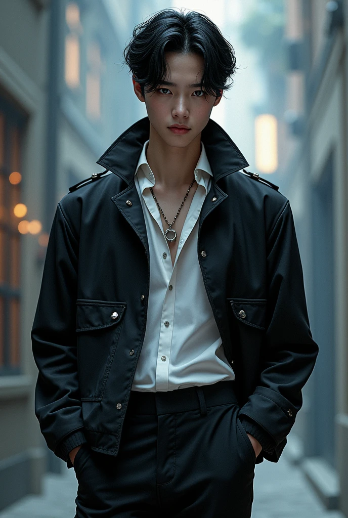 Create an image of Merlos, inspired by Mark Lee from NCT. Merlos is a youthful, enigmatic figure with stylish black hair, sharp eyes, and a cool, confident vibe. He wears a sleek black jacket with subtle metallic details, a crisp white shirt, and tailored pants. The background is surreal and dreamlike, with hints of his mysterious origins. His style is modern with an air of otherworldliness, capturing his unique, charismatic presence.