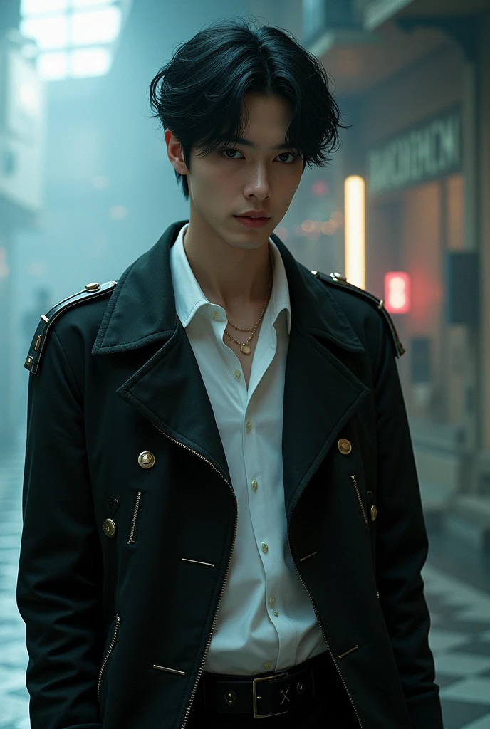 Create an image of Merlos, inspired by Mark Lee from NCT. Merlos is a youthful, enigmatic figure with stylish black hair, sharp eyes, and a cool, confident vibe. He wears a sleek black jacket with subtle metallic details, a crisp white shirt, and tailored pants. The background is surreal and dreamlike, with hints of his mysterious origins. His style is modern with an air of otherworldliness, capturing his unique, charismatic presence.