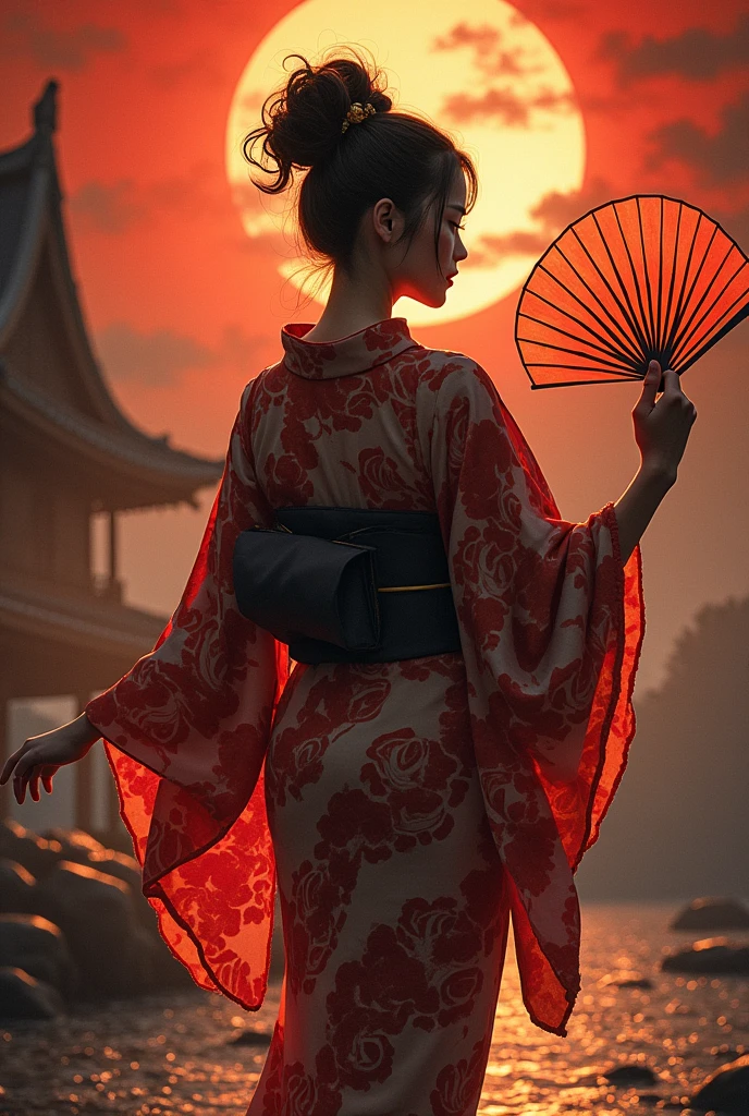 ((Highest quality)), ((masterpiece)), (detailed),One woman, Woman in yukata、Painful face、Back view、Portrait、The yukata pattern is Showa retro、The background is Japanese hell、扇子で舞う女性のBack view、Give it a dynamic feel、Fantastically。