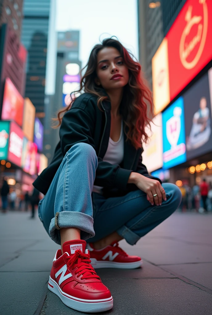 Branded causal sneakers with logo up side Mount Era with indian girl in front of time square shoe highlight pose