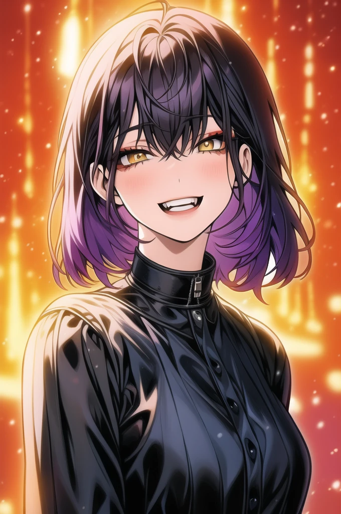 a highly detailed, high resolution, cinematic digital art anime style portrait of a young girl with short purple hair, large breasts, yellow eyes, bright pupils, light smile, anime-inspired makeup, against a Ghibli-esque colorful background, masterpiece, best quality, ultra-detailed