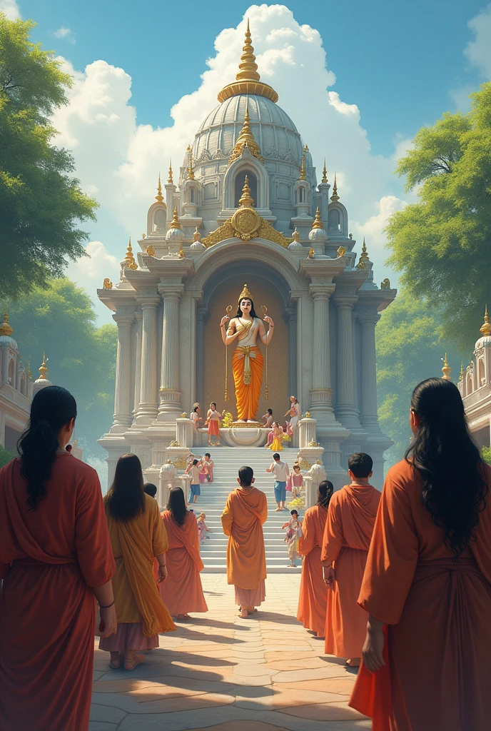 Devotees at the Temple**: Devotees engaged in various forms of worship, such as offering flowers, performing rituals, or lighting candles in front of the deity's idol. In dall e-3 style