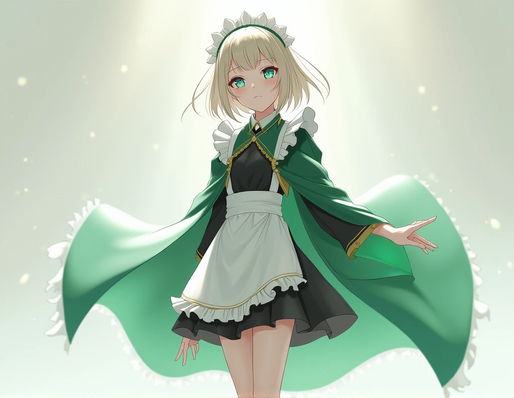 work of art, best qualityer, 1 girl, standing alone, nahida_genshin, cross-shaped pupils, maid outfit, green cloak, standing