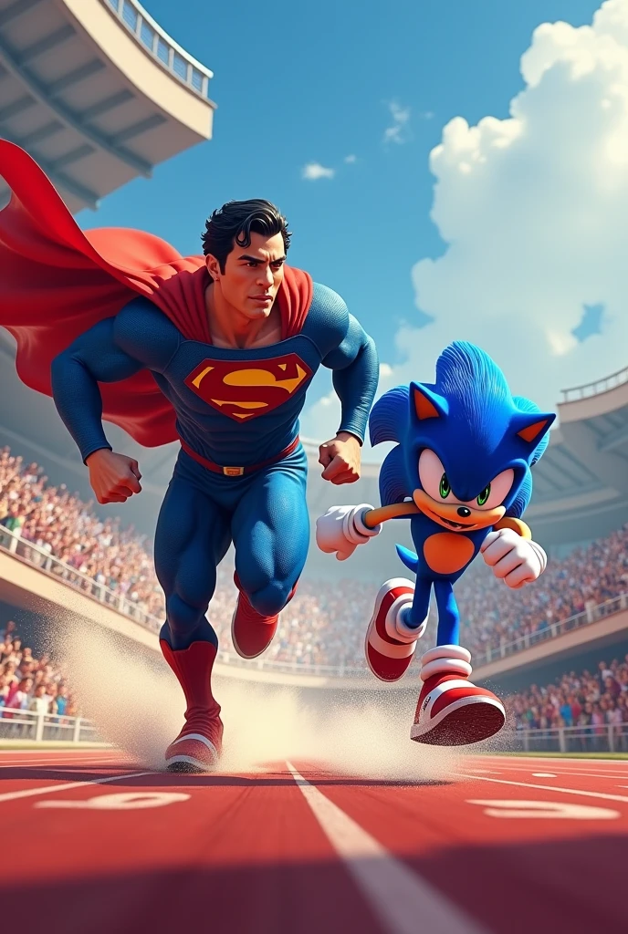 There is a race going on between Superman and Sonic. Both are running and Many people have come to watch this race and they are happy.