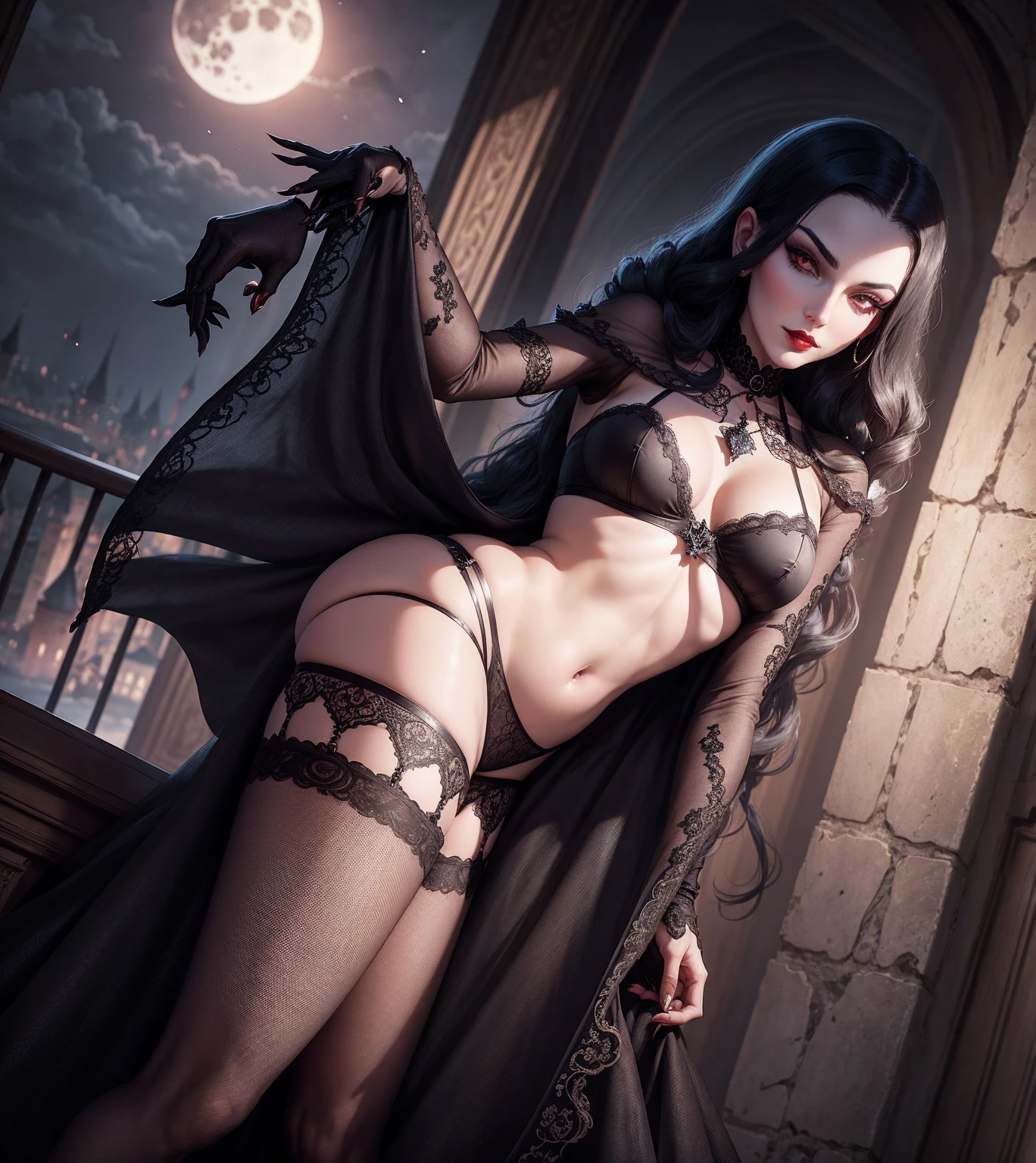 Lady Dimitrescu, a vampira, lacey underwear ♥️ masterpiece full moon at castle balcony