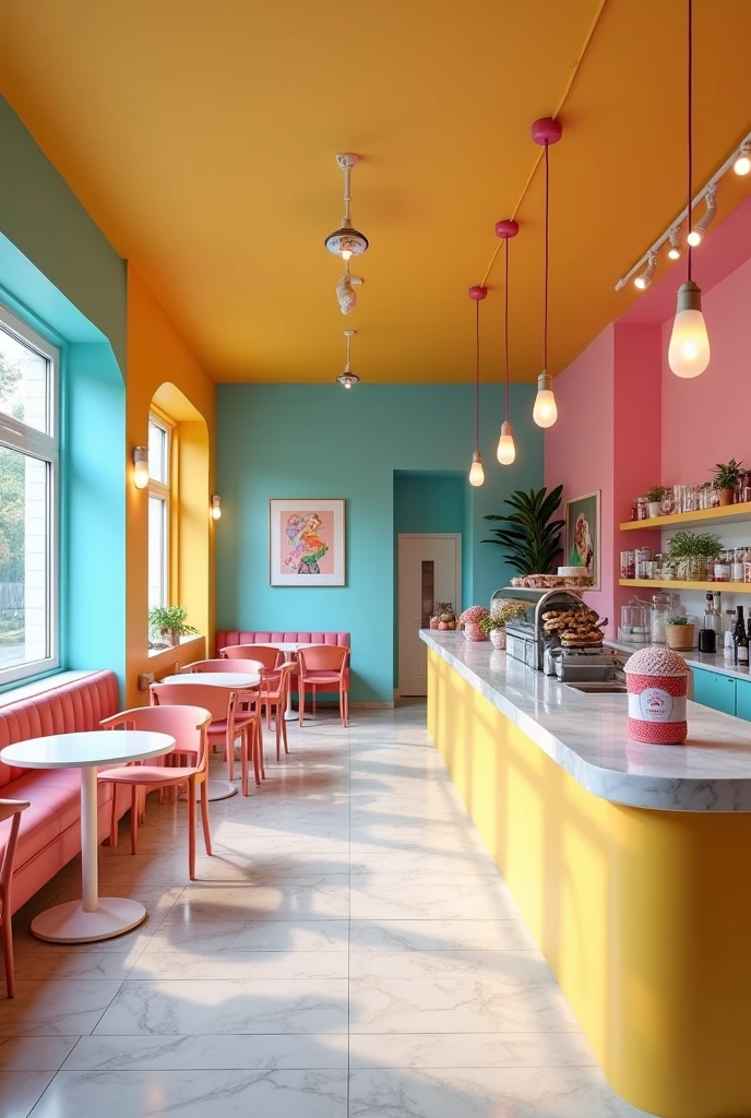 Give me some pictures of the interior of an ice cream shop with the most beautiful color combination. Note that the ice cream parlor countertop is made of light gray marble and that the ceiling should be a different color than the rest of the walls.. Use a color other than sky blue, take into account the light gray. Not pink either. Take into account the yellow color. The roof is flat, There are no reliefs.