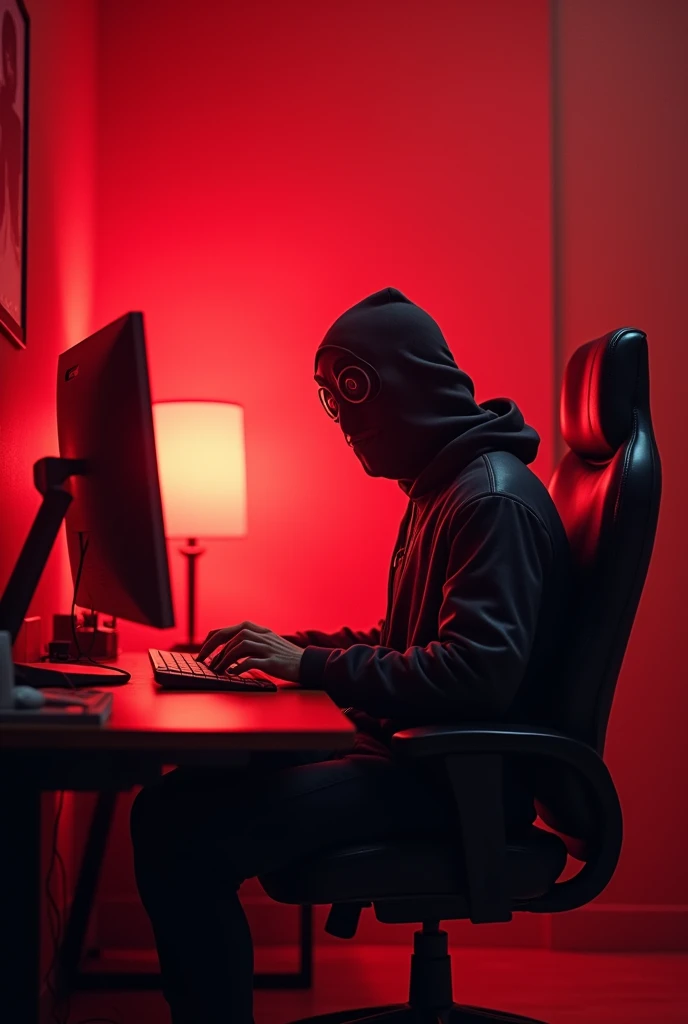 The animation man sit in the chair whit mask work in pc and he sit front
And red danger lighting vfxbackground and look in front and the man face hides danger
And he face hide whit costume he sit front of me and