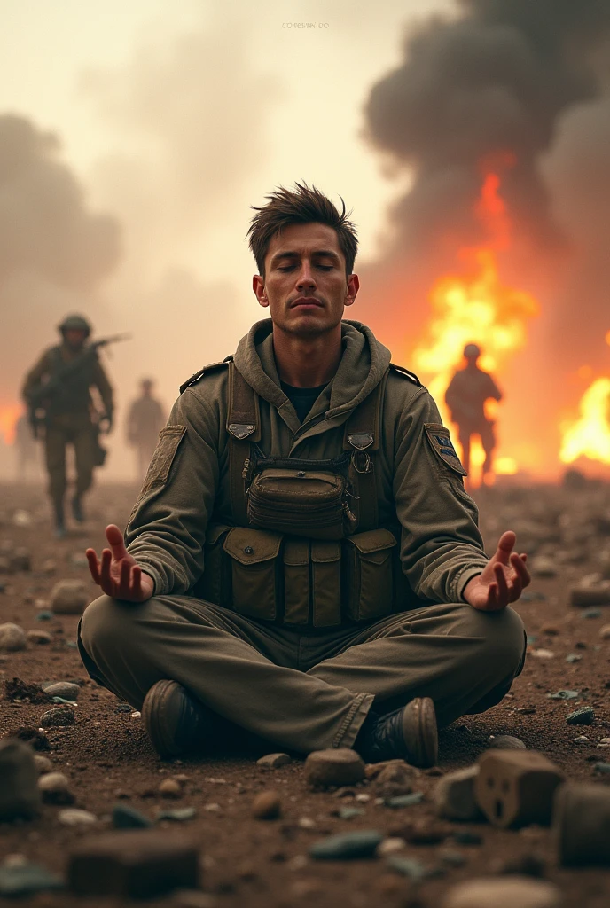 A battle-worn soldier sits in the lotus position, Practicing meditation, surrounded by the chaos of war. Your military equipment is dusty and slightly damaged, but he remains calm and focused. Explosions and debris fill the background, with other soldiers in action, but it is centered, de olhos fechados, personifying inner peace amidst turmoil. The scene captures the contrast between the violence of war and the serenity of meditation, with a slight glow around the soldier, symbolizing your inner strength."