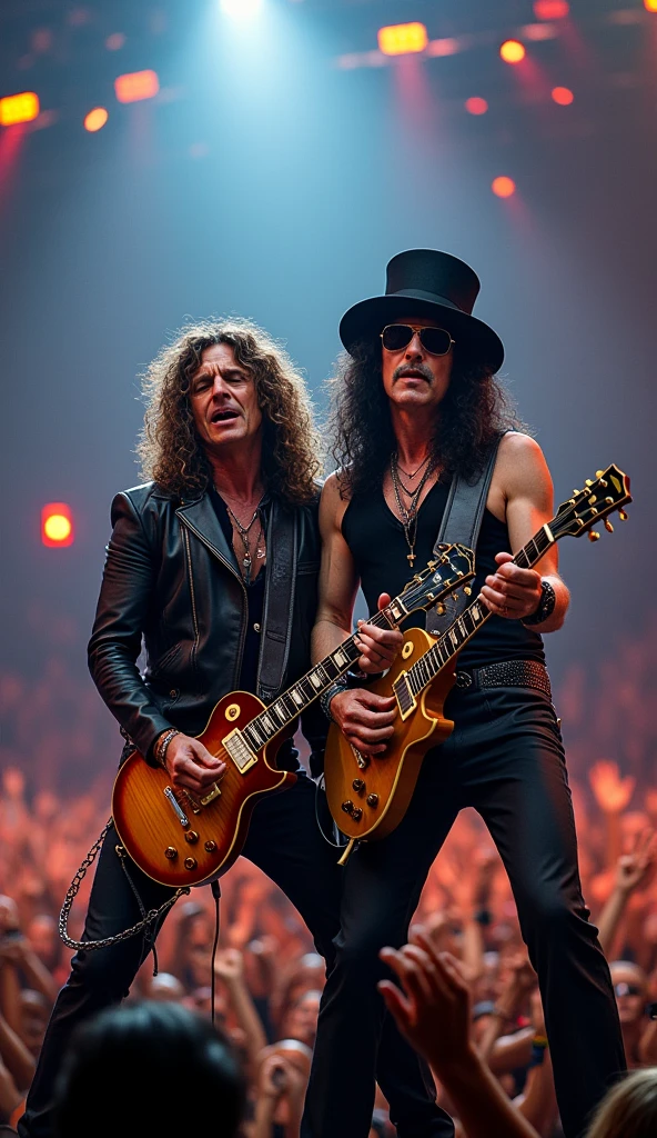 a highly detailed and colorful portrait of Axel Rose and Slash from the band Guns N' Roses performing on stage, (best quality,4k,8k,highres,masterpiece:1.2),ultra-detailed,(realistic,photorealistic,photo-realistic:1.37),intricate details, dramatic lighting, vibrant colors, cinematic composition, rock music, concert, stage performance