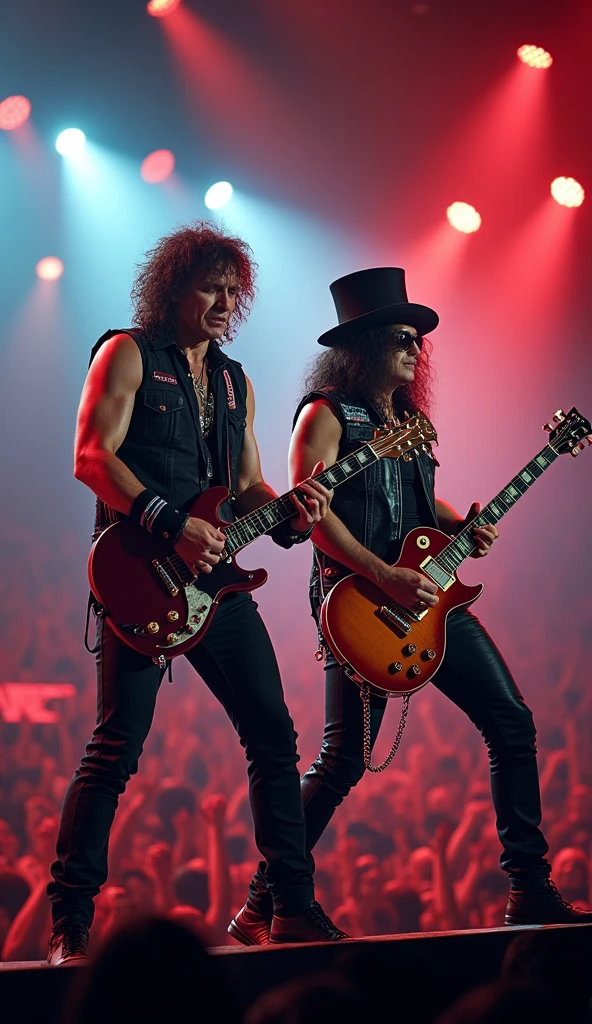 a highly detailed and colorful portrait of Axel Rose and Slash from the band Guns N' Roses performing on stage, (best quality,4k,8k,highres,masterpiece:1.2),ultra-detailed,(realistic,photorealistic,photo-realistic:1.37),intricate details, dramatic lighting, vibrant colors, cinematic composition, rock music, concert, stage performance