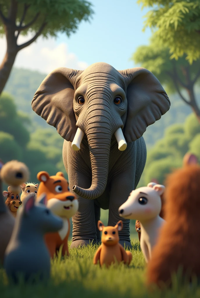 In 3d animation images "An elderly elephant standing in front of the gathered animals, addressing them"