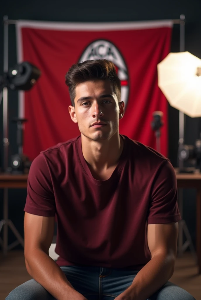 The young man wearing a dark red t shirt sitting on a chair looking straight to the camera with cinematic YouTube studio with real AC Milan
football flag,