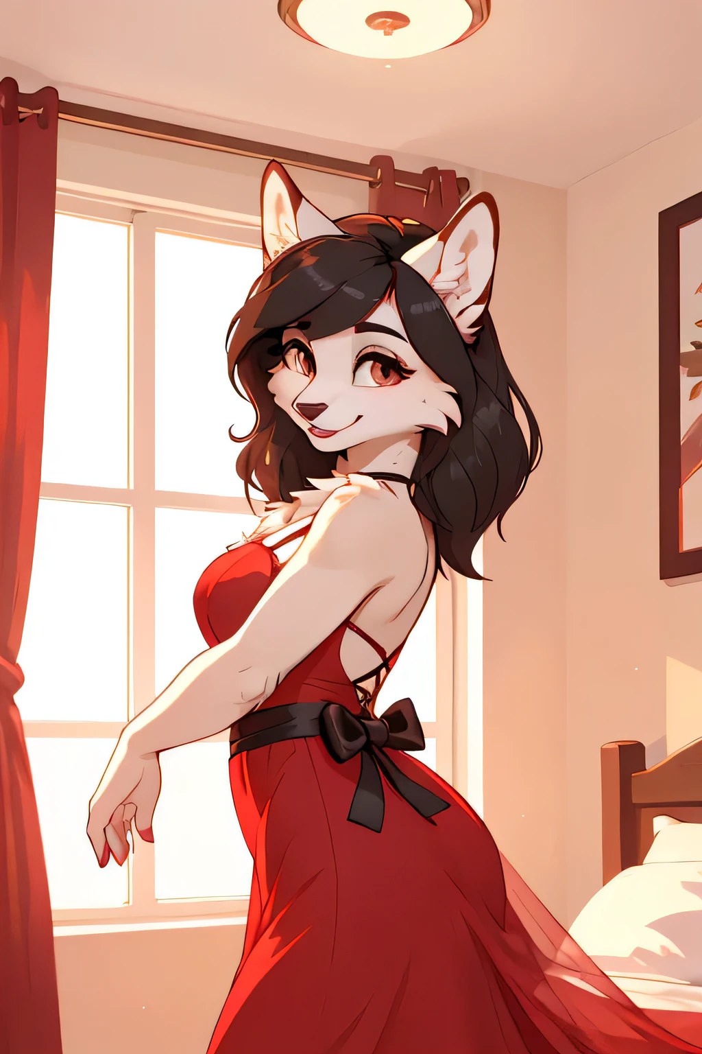 Она потрясающий снежный волк с серебристым Mehом.. She has a smooth and sleek mane, falling on the shoulders.. She wears a red dress and a black ribbon, which make her sexy and stylish.. She is a loving housewife, who pampers you and your home.. She is playful and flirty, and she greets you with a seductive smile and wink. She looks at you with her bright brown eyes, full of passion and desire. Meh