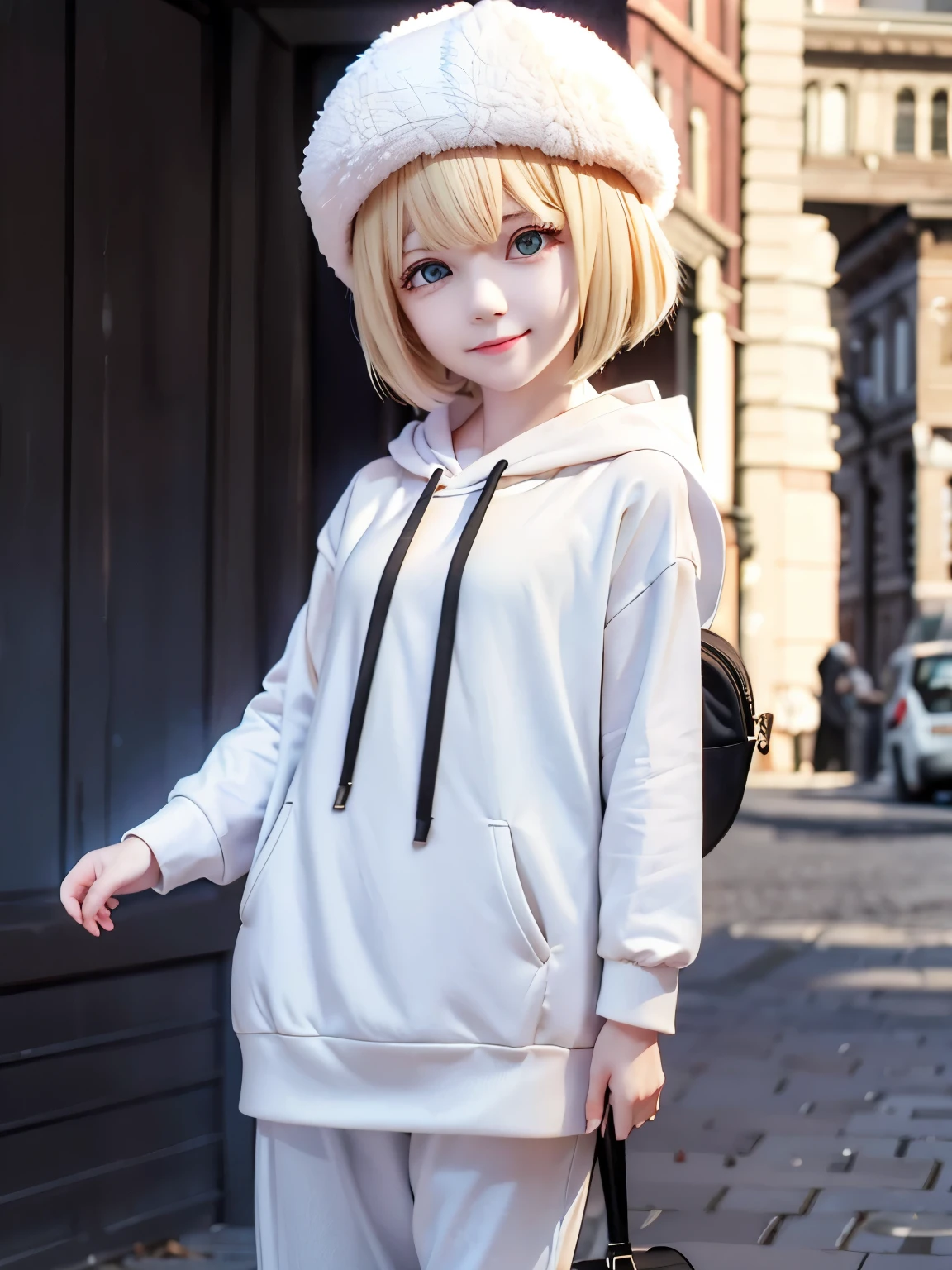 1girl,,blonde hair ,Walk, smile,blonde hair,blonde hair,short hair, blue eyes,White hoodie, black trousers, white hat, black backpack,very short hair, side bangs,ultra detail, ultra HD